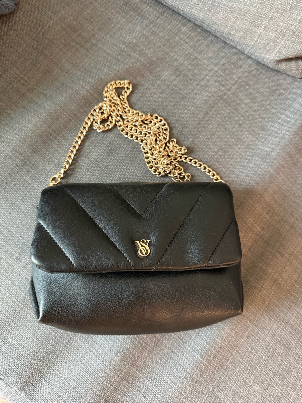 Victoria's Secret Black Quilted Leather Crossbody with Gold Chain